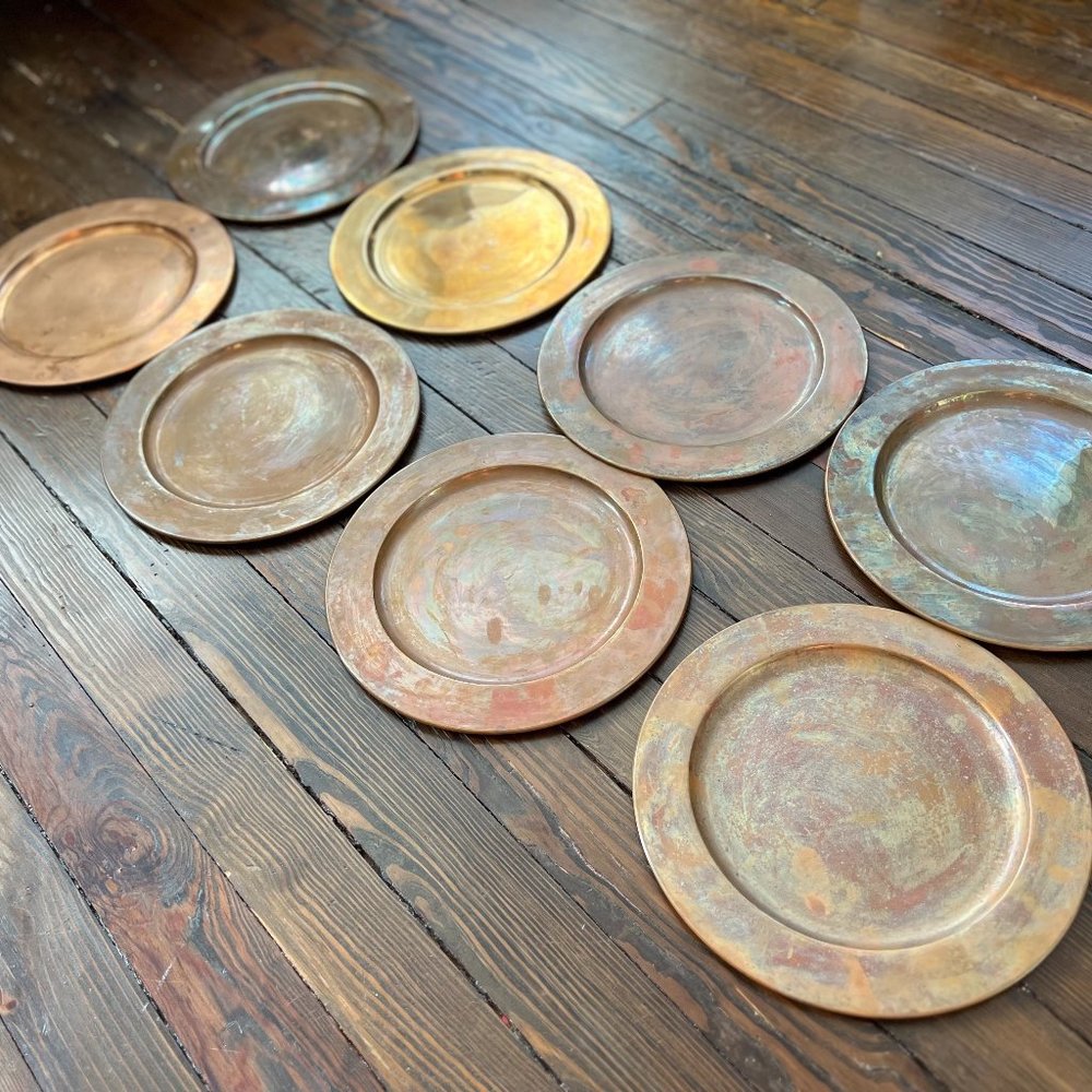 Set of 8 x 11" Vintage Antique Rustic Brass Charger Patinated Metal Plates